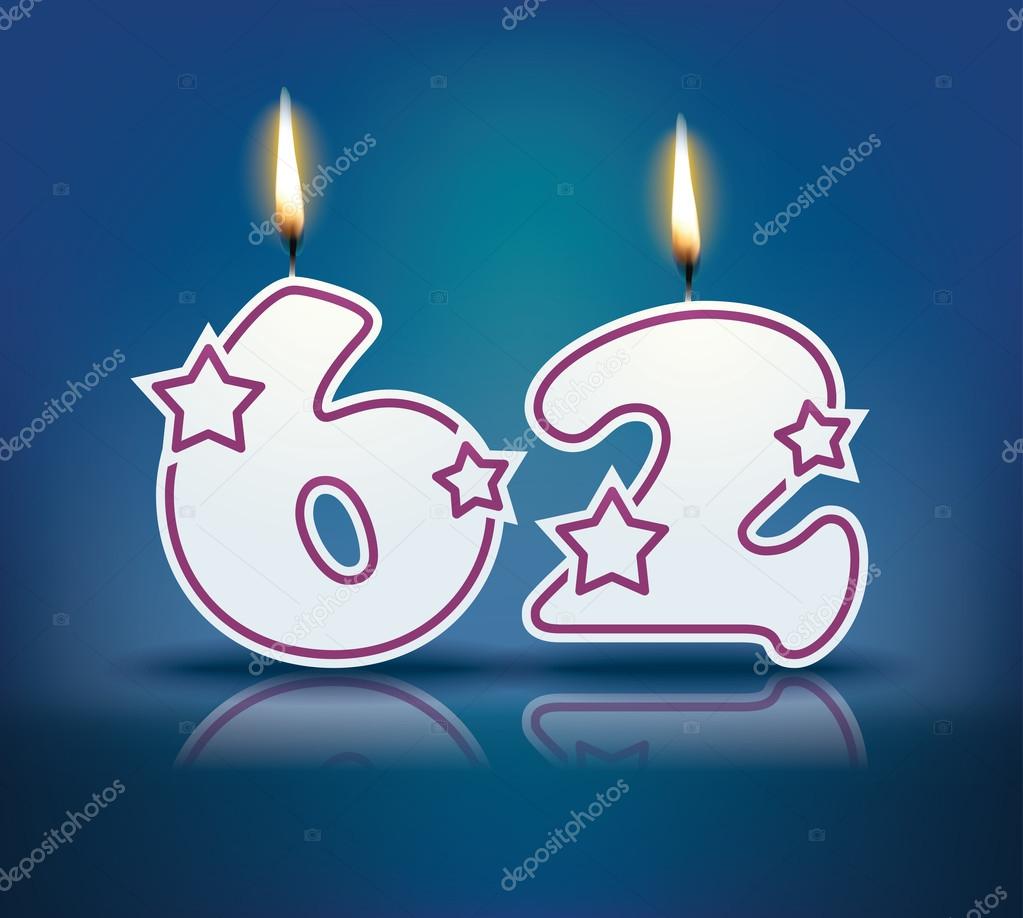 Birthday candle number 62 with flame - eps 10 vector illustration — Vector by lajo_2