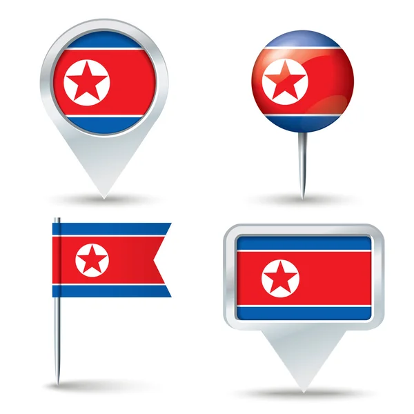 Alfileres de mapa con bandera de Corea del Norte — Vector de stock