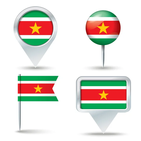 Alfileres de mapa con bandera de Surinam — Vector de stock