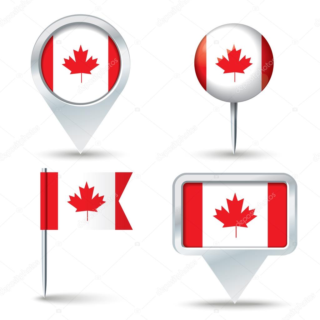 Map pins with flag of Canada