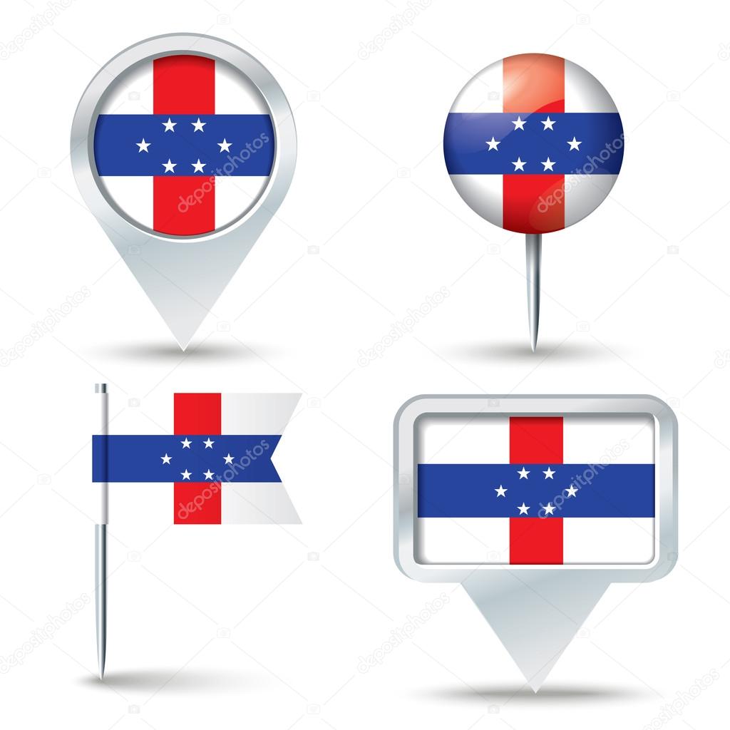 Map pins with flag of Netherlands Antilles