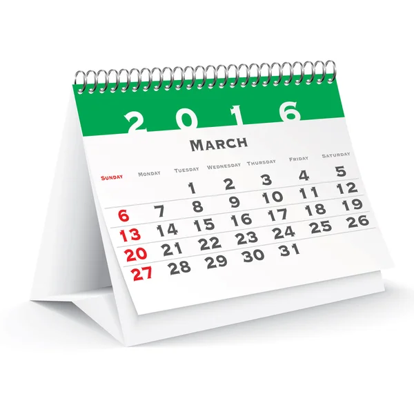 Настольный календарь марта 2016 — стоковый вектор