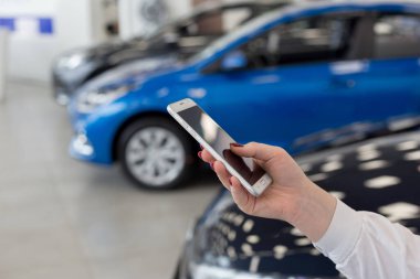 Satıcı kadın galeride cep telefonu kullanıyor. Modern çalışma süreci. Gelişmiş bilgisayar teknolojisi.
