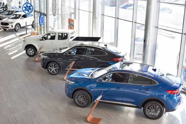 Rusya, İzhevsk - 17 Şubat 2021: Haval galerisinde yeni modern arabalar. Çin 'den araba üreticisi. Modern ulaşım.