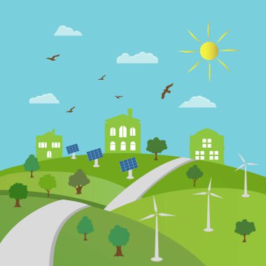 Ekoloji konsepti ve çevre koruma. Doğa manzarası, ekolojik evler ve rüzgar jeneratörleri ve güneş panelleri olan yenilenebilir enerji. Vektör İllüstrasyonu.