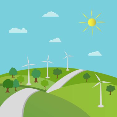 Ekoloji konsepti ve çevre koruma. Yeşil ağaçlı doğa manzarası ve rüzgar jeneratörlü yenilenebilir enerji..