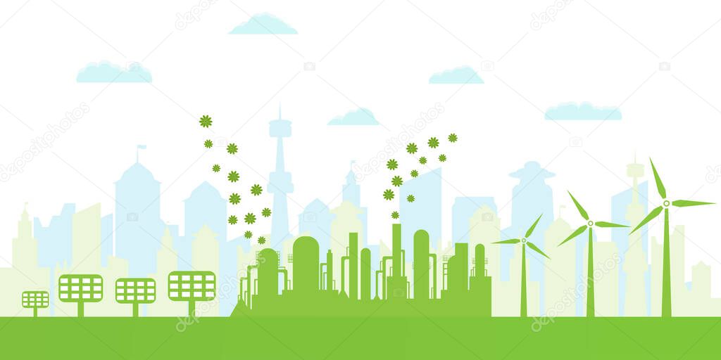 Silhouette of ecological city. Environmentally friendly production. Green energy with wind energy and solar panels. Concept of environment conservation. Vector illustration.