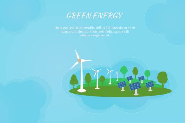 Çevre koruma kavramı ve yenilenebilir enerji. Vektör İllüstrasyonu. Metnin için boşluk kopyala.