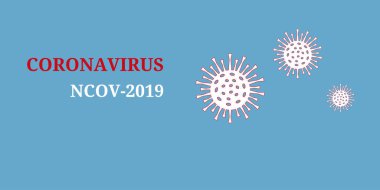 Yeni Coronavirus ncov-2019 'un soyut modeli. Coronavirus tehlikesi ve halk sağlığı risk hastalığı. Metin ve nesneler mavi bir arkaplanda izole edildi. Vektör illüstrasyonu.