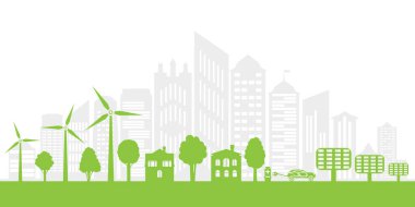 Ekolojik şehir ve çevre koruma. Yeşil şehir konsepti. Vektör İllüstrasyonu.