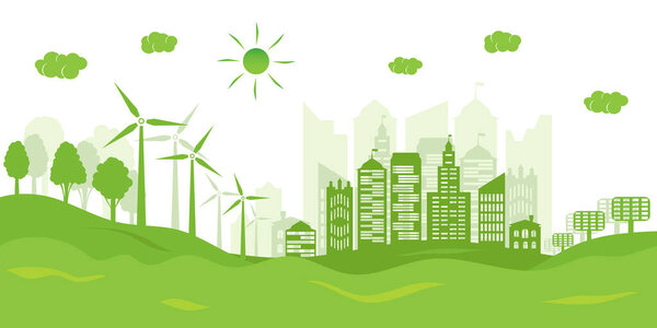 Концепция "зеленого города" и экология. Возобновляемая энергия с ветрогенераторами и солнечными панелями. Векторная миграция.
