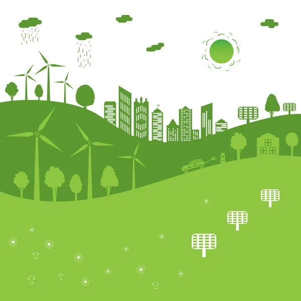 緑の都市の概念 建築と自然との組み合わせ 生態系の都市と環境保全 ベクターイラスト — ストックベクタ