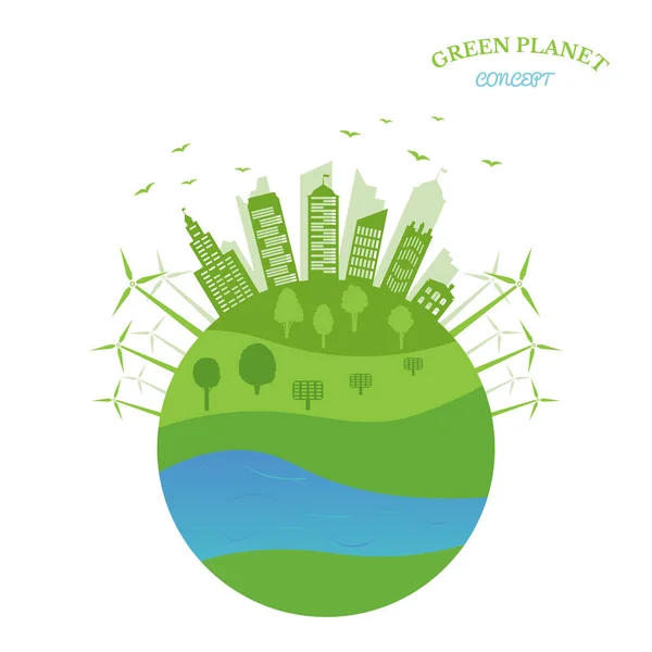Concepto Planeta Verde Conservación Ambiental Energía Renovable Con Generadores Eólicos — Vector de stock
