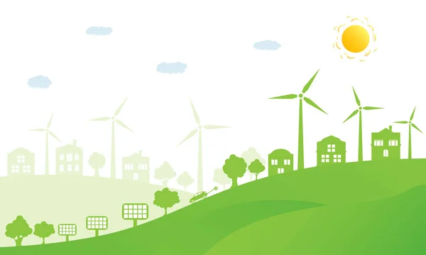 生態系の概念と環境保全 自然景観 生態系の家や風力発電機や太陽光パネルと再生可能エネルギー ベクターイラスト — ストックベクタ