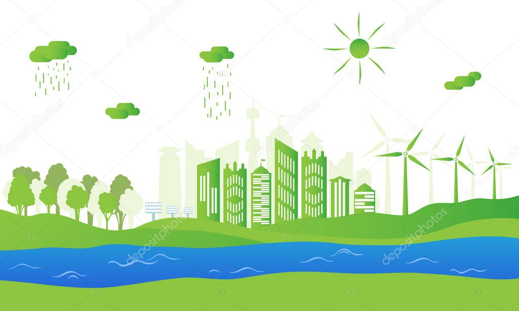 Silhouette of ecological city. Green energy with wind energy and solar panels. Concept of environment conservation. Vector illustration.