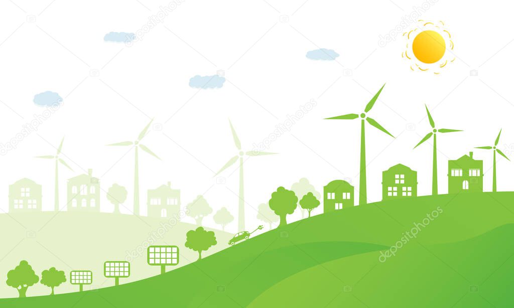 Ecology concept and environment conservation. Nature landscape, ecological houses and renewable energy with a wind generators and solar panels. Vector Illustration.