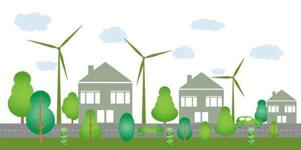 Ecology Town Concept Environment Conservation Electric Vehicles Renewable Energy Wind — ストックベクタ