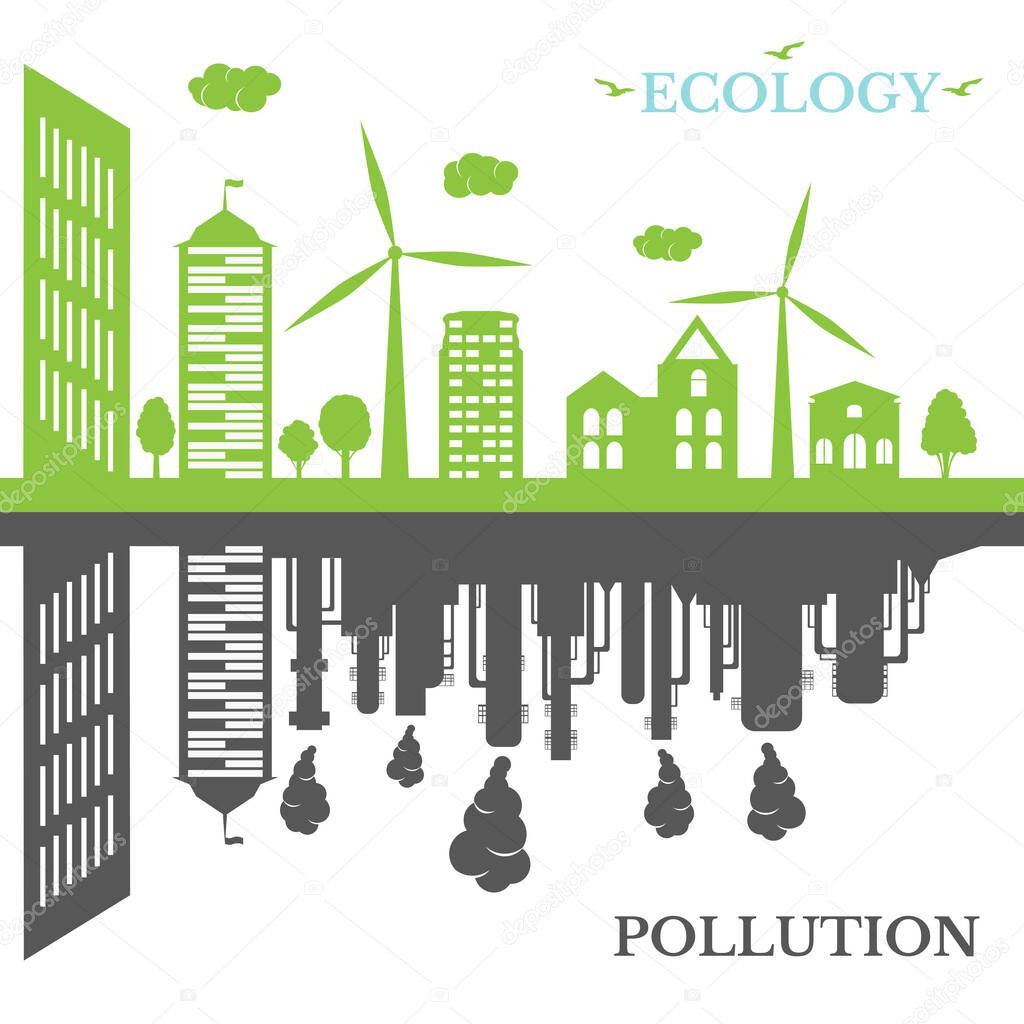 Ecological city against pollution. Green city concept and environment conservation. Renewable energy with a wind generators and solar panels.