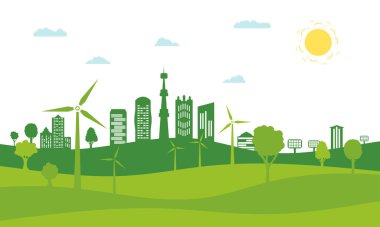 Yenilenebilir enerji kaynaklı yeşil şehir kavramı. Ekolojik şehir ve çevre koruma. Yeşil ağaçları, rüzgar enerjisi ve güneş panelleri olan yeşil bir şehir. Vektör illüstrasyonu.