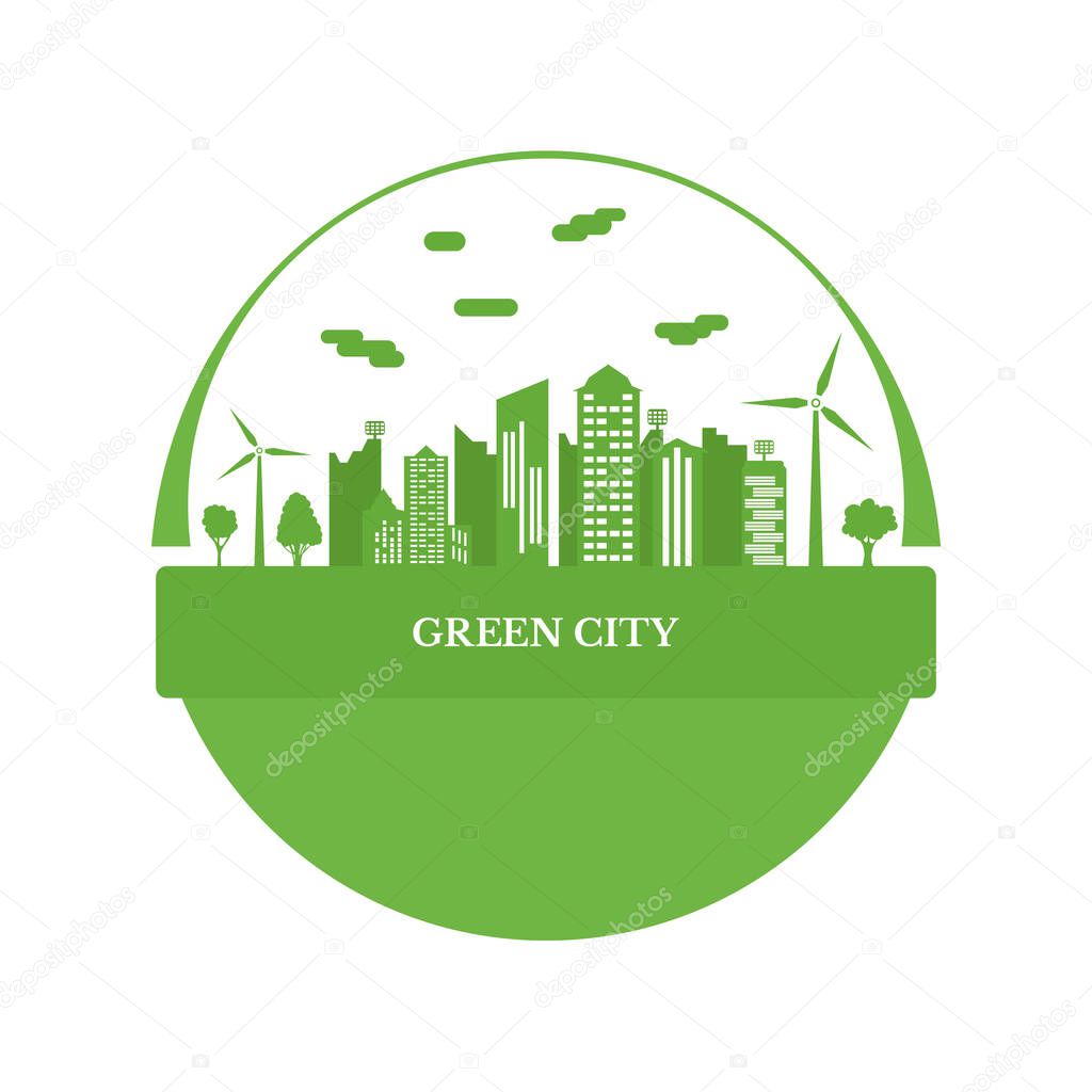 Ecological city and environment conservation. Concept green city with renewable energy sources. Green city with trees, wind energy and solar panels. Vector illustration.