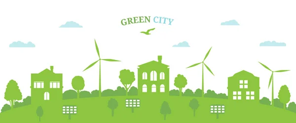 Grön Stad Koncept Och Miljöskydd Förnybar Energi Med Vindkraftverk Och — Stock vektor