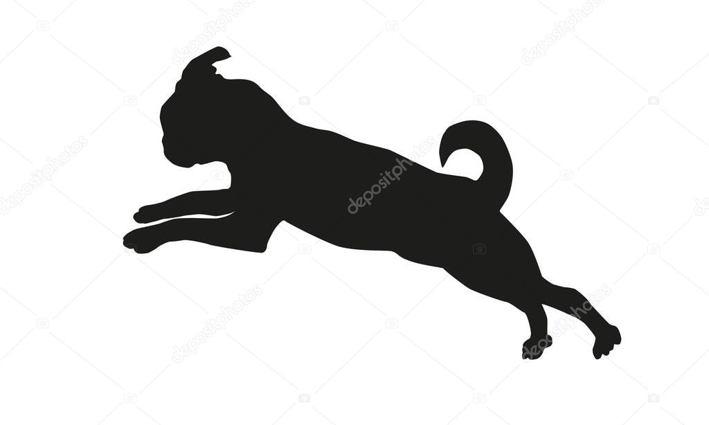 Black dog silhouette. Running petit brabancon puppy. Isolated on a white background. Vector illustration.