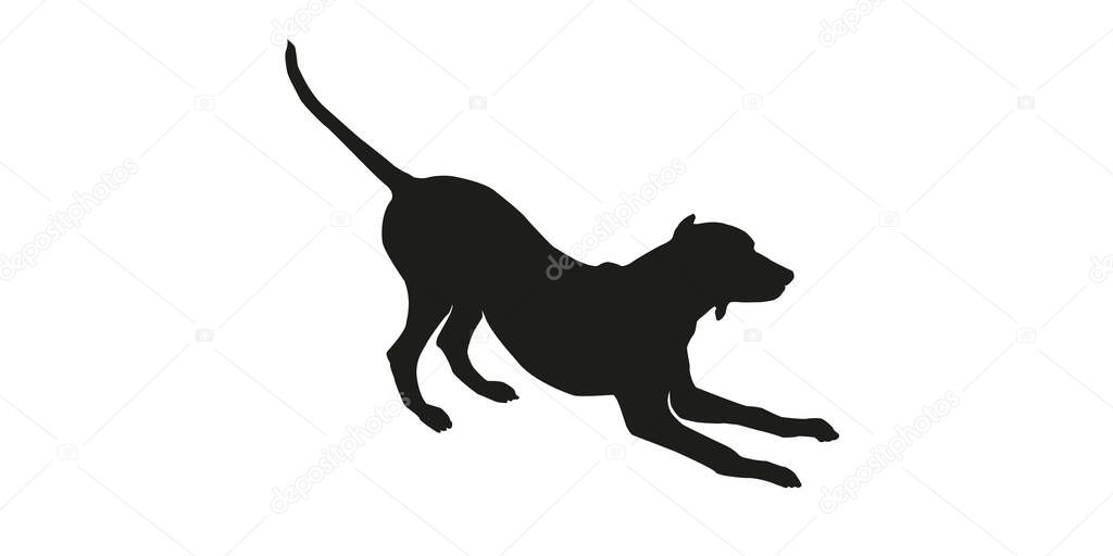 Black silhouette of playing dalmatian puppy. Isolated on a white background. Vector illustration.