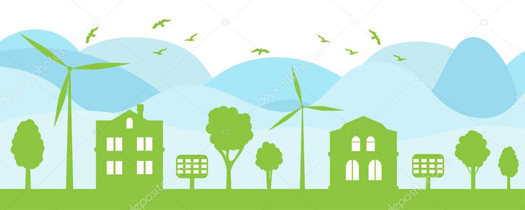 Green city concept. Ecological house and environment conservation. Renewable energy with a wind generators. Vector Illustration.