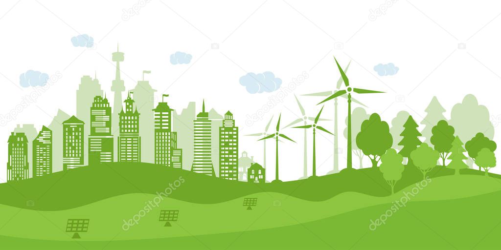 Concept green city with renewable energy sources. Ecological city and environment conservation. Green city with green trees, wind energy and solar panels. Vector illustration.