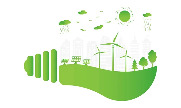 再生可能エネルギー源を備えたシルエットグリーンシティ 生態系の都市と環境保全 電球の中の緑の都市 ベクターイラスト — ストックベクタ
