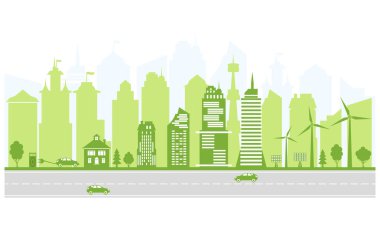 Ekolojik şehir ve çevre koruma. Ağaçları, rüzgar enerjisi ve güneş panelleri olan yeşil şehir silueti. Elektrikli araçlar ve şarj istasyonu. Vektör illüstrasyonu.