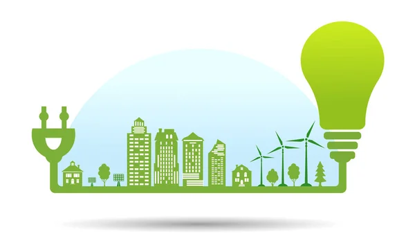 Silhouette Grüne Stadt Mit Erneuerbaren Energiequellen Ökologische Stadt Unter Blauem — Stockvektor