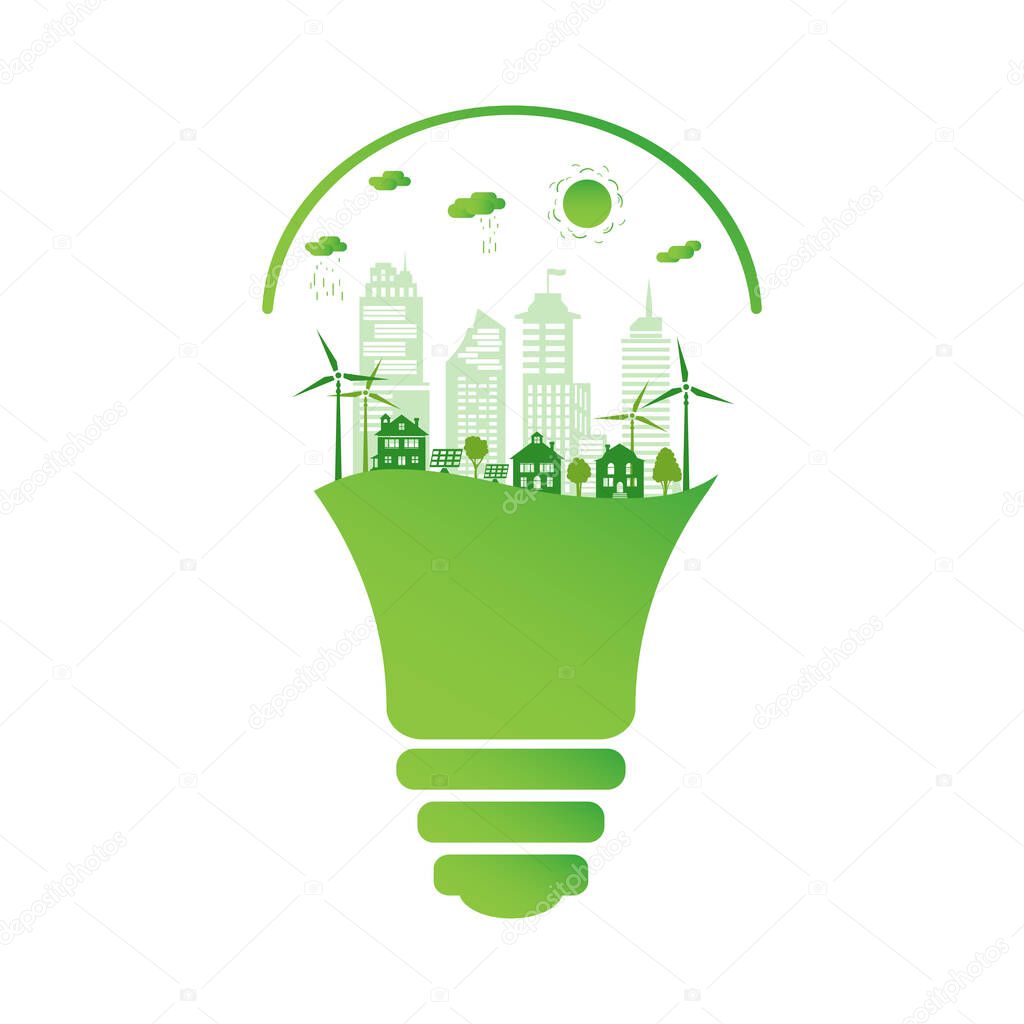 Silhouette green city with renewable energy sources. Ecological city and environment conservation. Green city inside the electric bulb. Vector illustration.