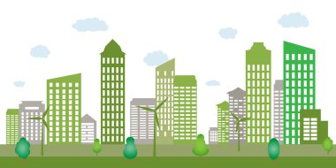 Ekoloji kasabası konsepti ve çevre koruma. Rüzgar jeneratörlü yenilenebilir enerji. Vektör İllüstrasyonu.