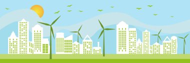 Ekolojik kasaba konsepti ve çevre koruma. Rüzgar jeneratörlü yenilenebilir enerji. Vektör İllüstrasyonu.