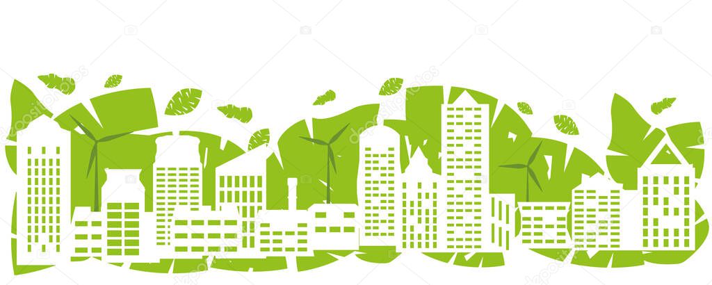Abstract green town with renewable energy and wind generators. Environment conservation and ecology concept. Vector Illustration.