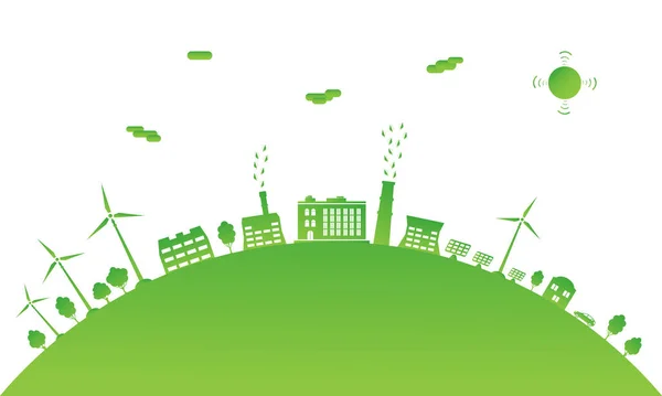 生態系の都市と環境保全 再生可能エネルギー源のある緑の都市 持続可能な開発の概念 世界を救うんだ ベクターイラスト — ストックベクタ