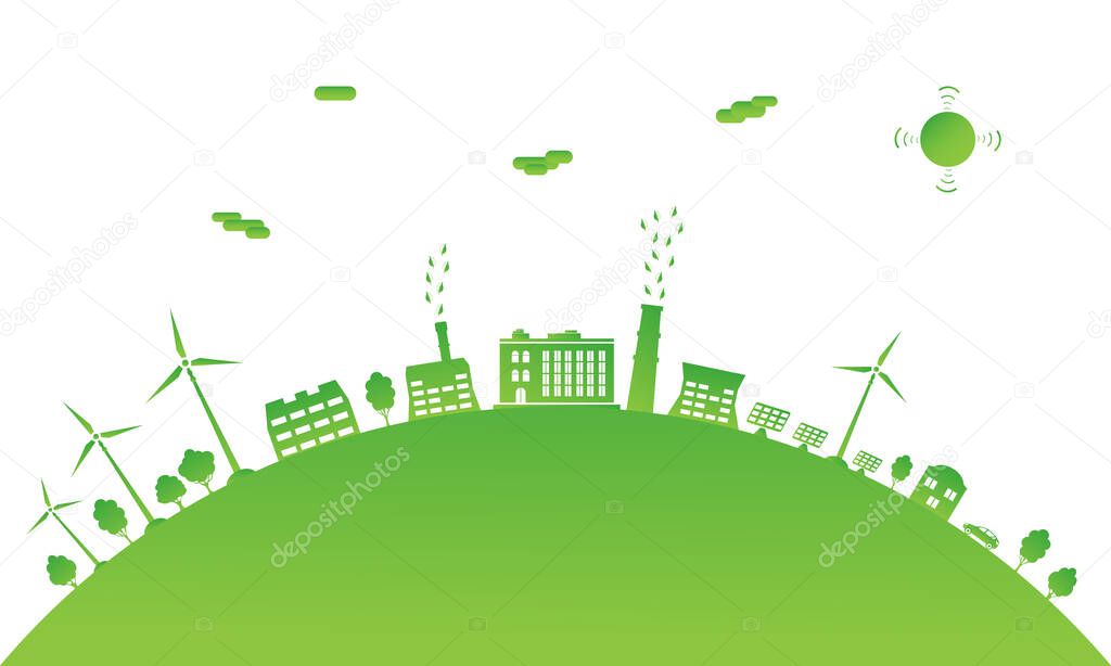 Ecological city and environment conservation. Green city with renewable energy sources. Sustainable development concept. Save the world. Vector illustration.
