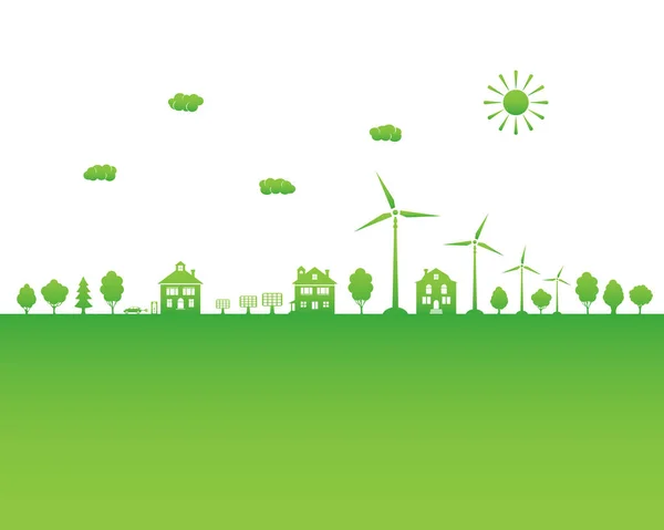 Ökologischer Stadt Und Umweltschutz Grüne Stadt Mit Erneuerbaren Energiequellen Konzept — Stockvektor