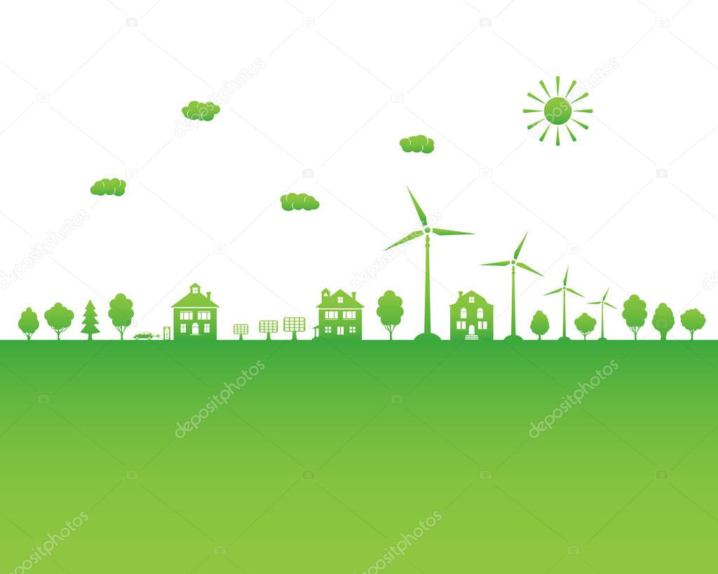 Ecological city and environment conservation. Green city with renewable energy sources. Sustainable development concept. Save the world. Vector illustration.