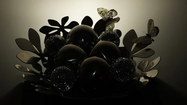 Dark balls vs. dark glass balls and butterflies — Stock Photo, Image