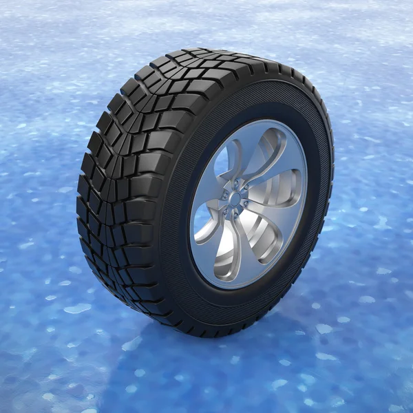 3d illustration. Car tire on ice. Winter tires — Stock Photo, Image