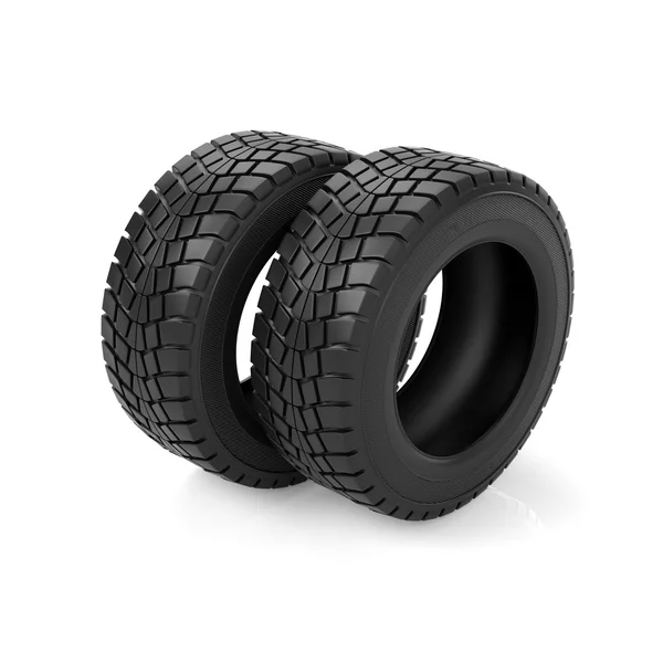 Ilustração 3D. Grupo de pneus de carro em um fundo branco — Fotografia de Stock