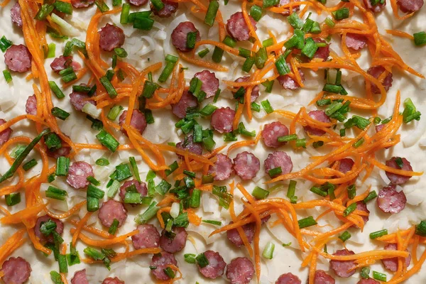 Detail Pizza Preparing Cooking Ingredients Sausages Long Sliced Carrot Green — Fotografia de Stock