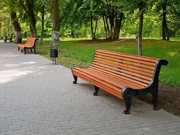 Lege Steeg Met Nieuwe Banken Verharde Grijze Tegels Het Stadspark — Stockfoto