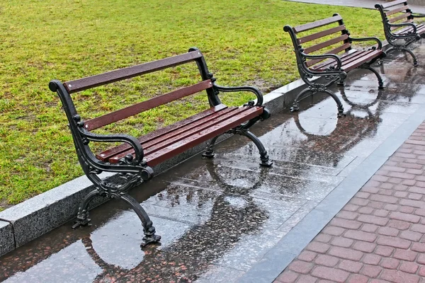 Wet benches after the rain — Stock Photo, Image