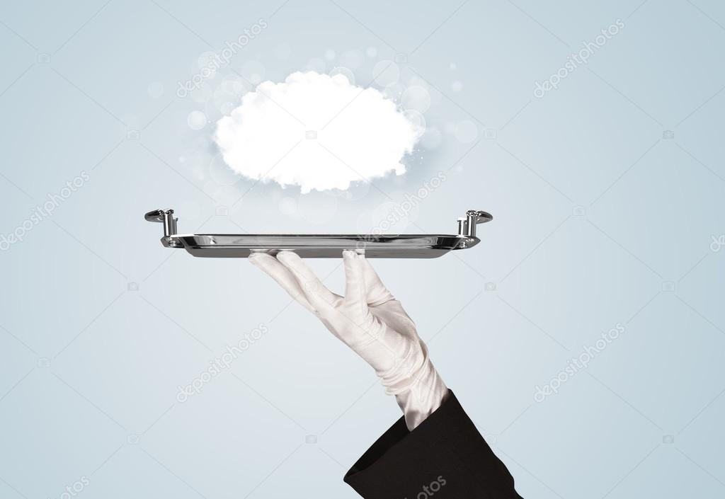 Hand holding clear big cloud on tray