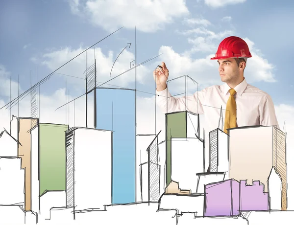 Construction worker planning a city sight — Stock Photo, Image