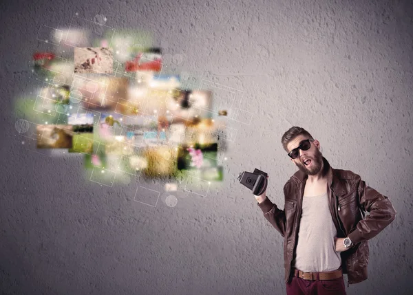 Young malewith beard taking vintage photos — Stock Photo, Image