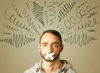 Young man with glued mouth and curly lines clipart